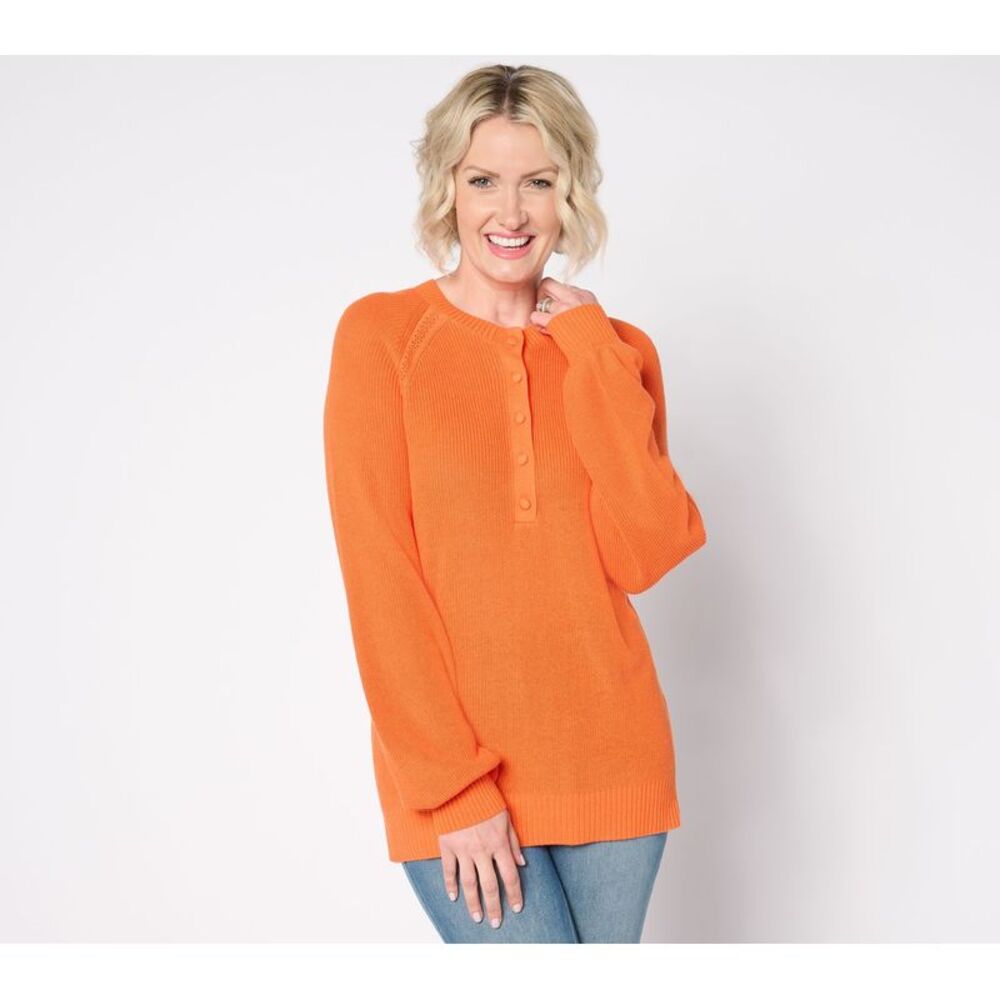 Fashion Women's Top Sweater Sz L Ribbed Henley Blouson Sleeve Orange A663046